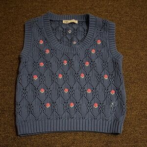 ZARA Dusty Blue Knit Vest with Pink Rose Embroidery
